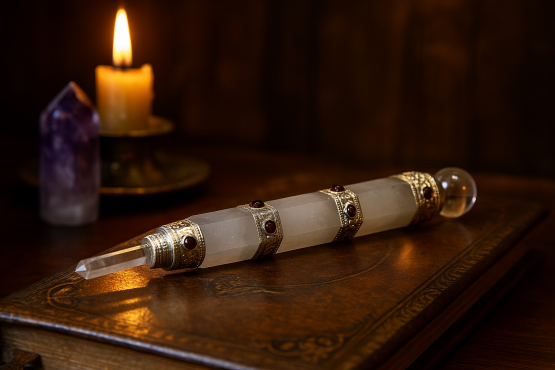 Baguette de Lumière en Cristal de Roche et Grenats – Guérison, Pureté & Pouvoir (17cm)