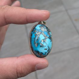 Pendentif Turquoise d'Iran + Pyrite + Argent 925 (pièce rare)